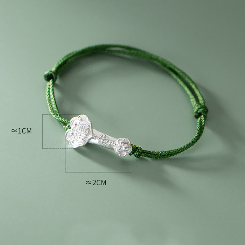 999 Sterling Silver Fu Character Bracelet | Green Rope Spiritual Luck