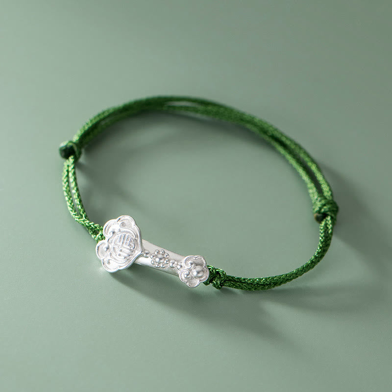 999 Sterling Silver Fu Character Bracelet | Green Rope Spiritual Luck