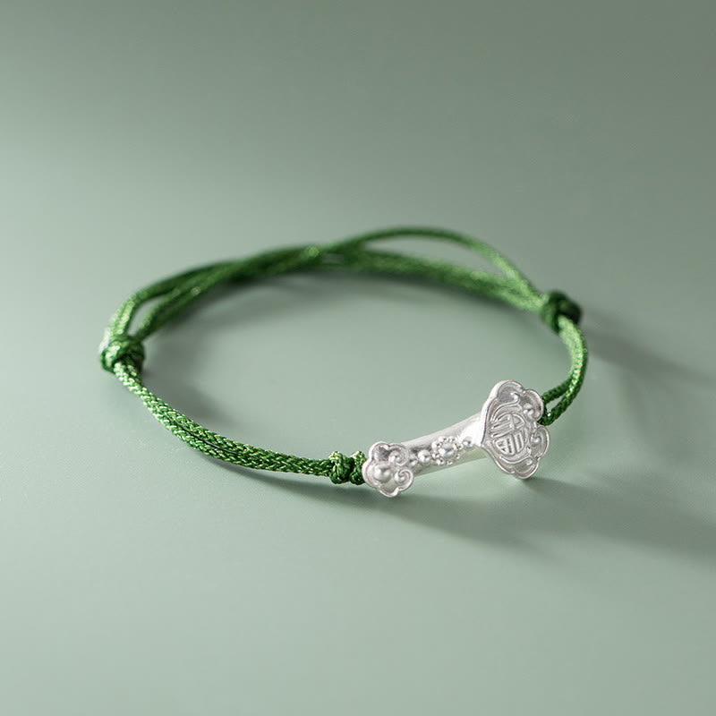 999 Sterling Silver Fu Character Bracelet | Green Rope Spiritual Luck