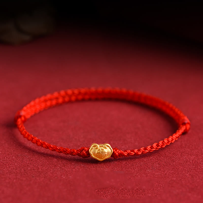 999 Gold Chinese Lock Charm Protection Red String Bracelet