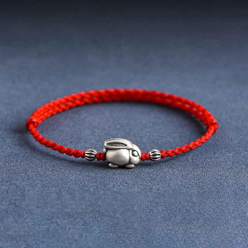 Sterling Silver Red String Bracelet with Rabbit Charm for Luck