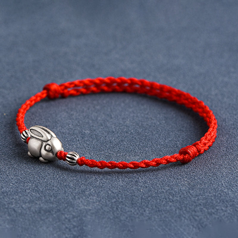 Sterling Silver Red String Bracelet with Rabbit Charm for Luck