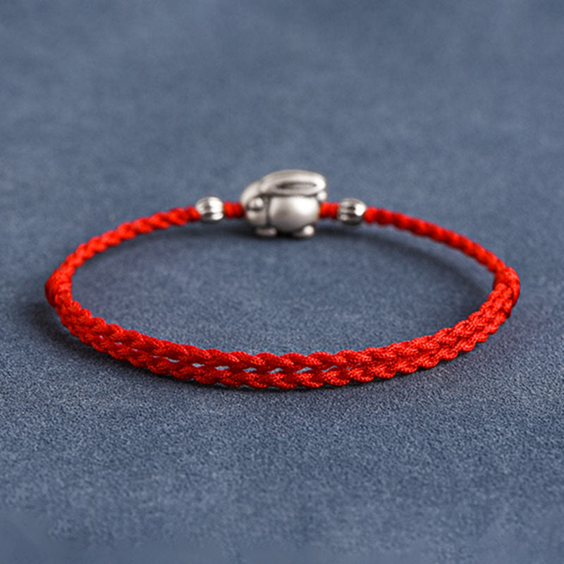 Sterling Silver Red String Bracelet with Rabbit Charm for Luck