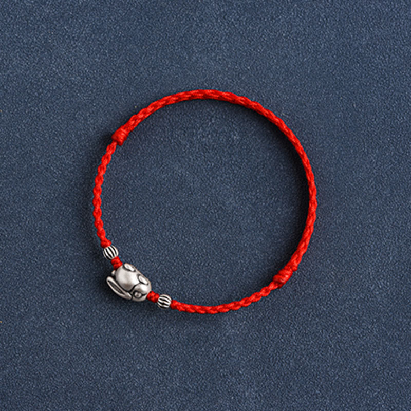 Sterling Silver Red String Bracelet with Rabbit Charm for Luck