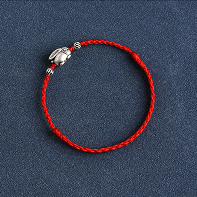 Sterling Silver Red String Bracelet with Rabbit Charm for Luck
