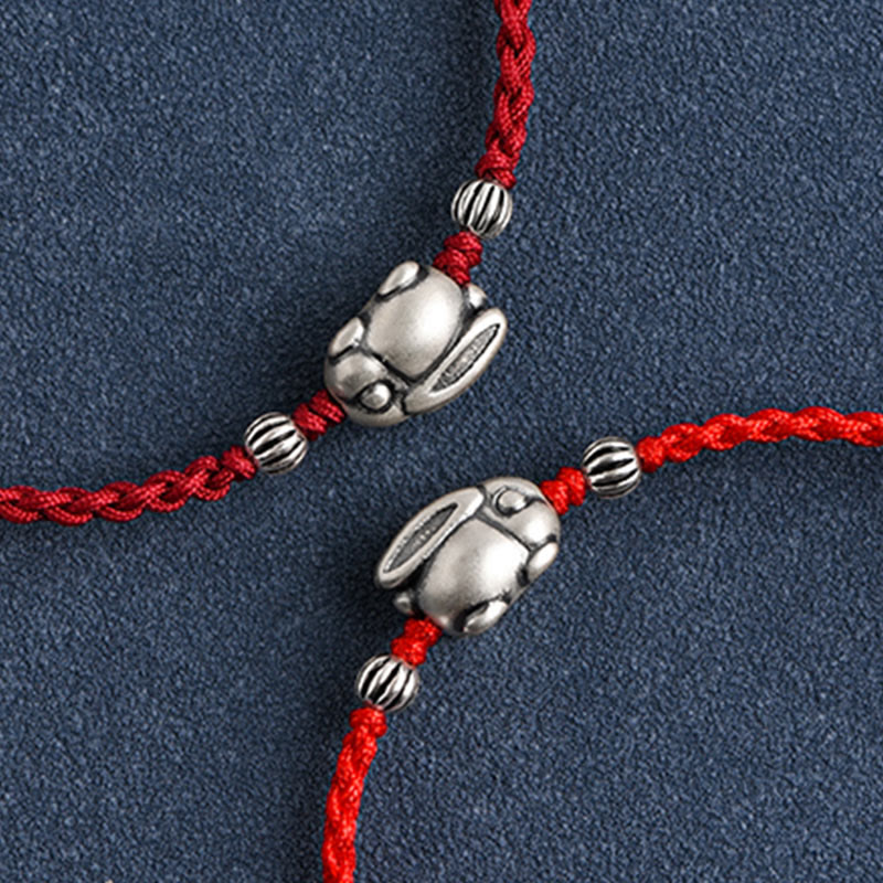 Sterling Silver Red String Bracelet with Rabbit Charm for Luck