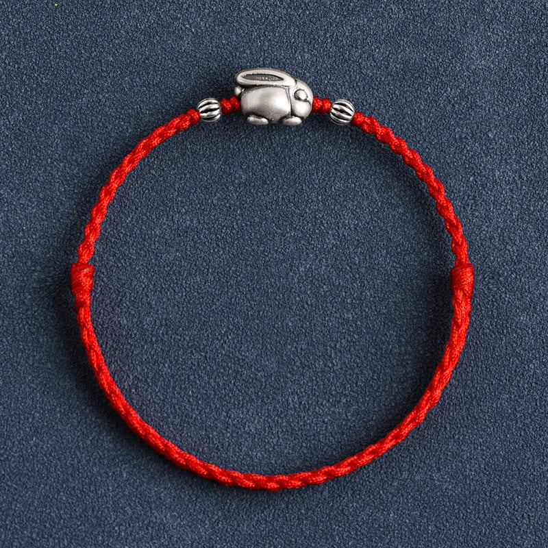Sterling Silver Red String Bracelet with Rabbit Charm for Luck