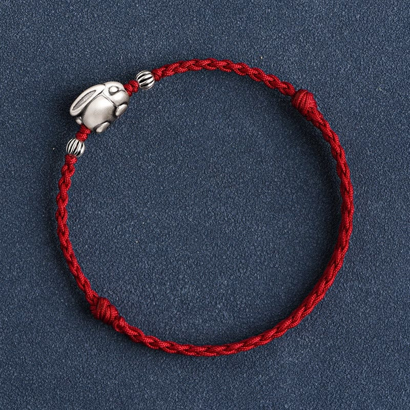 Sterling Silver Red String Bracelet with Rabbit Charm for Luck
