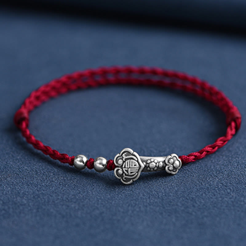 999 Sterling Silver Fu Character Ruyi Handle Red String Bracelet