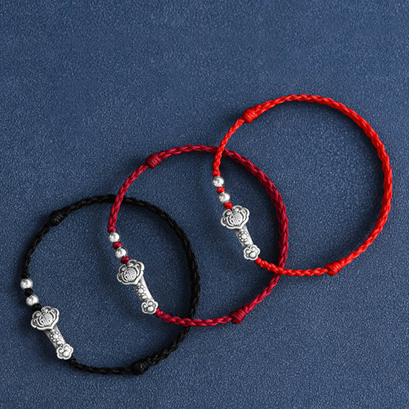 999 Sterling Silver Fu Character Ruyi Handle Red String Bracelet