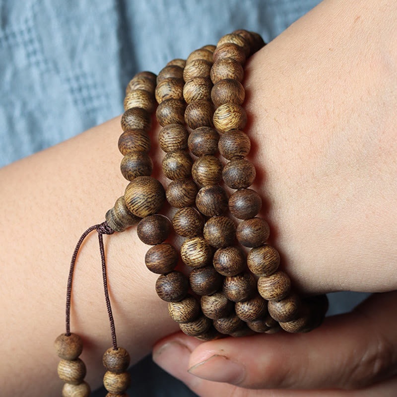 108 Wood Mala Bracelet in Green Qinan Agarwood for Peace & Strength