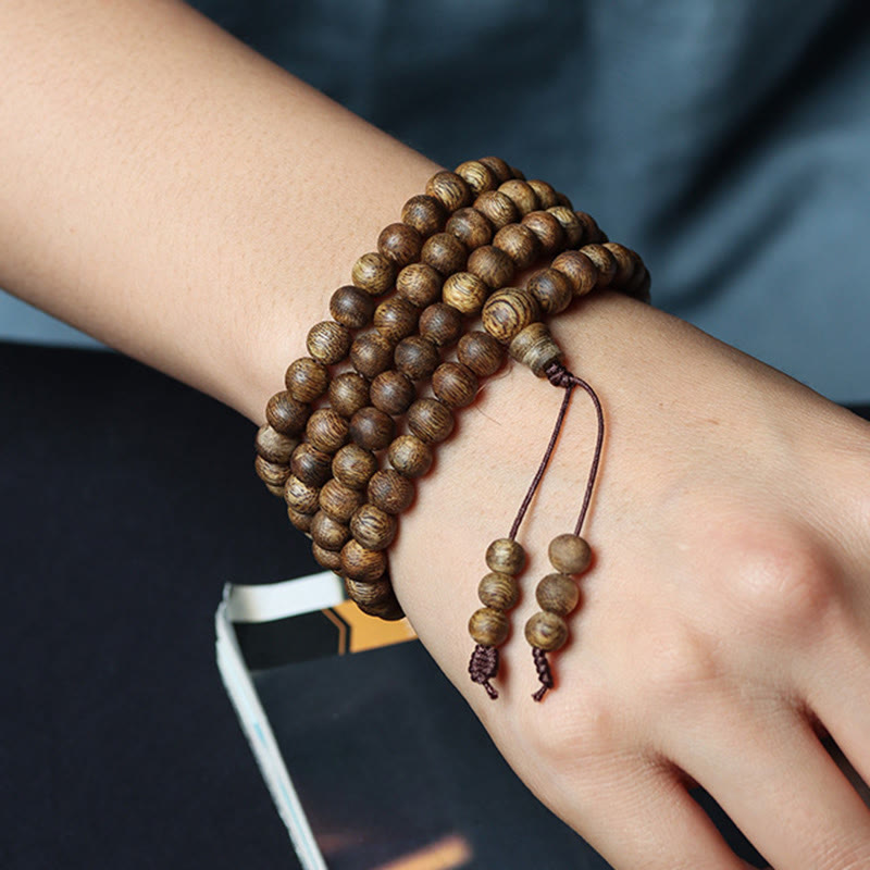108 Wood Mala Bracelet in Green Qinan Agarwood for Peace & Strength