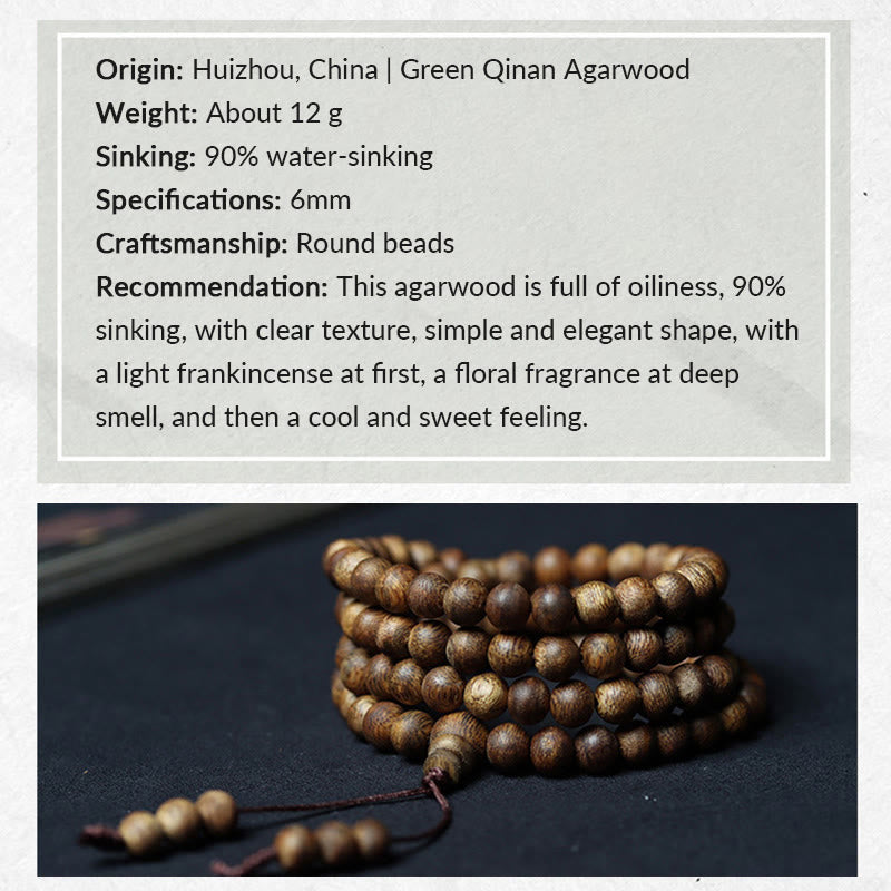 108 Wood Mala Bracelet in Green Qinan Agarwood for Peace & Strength