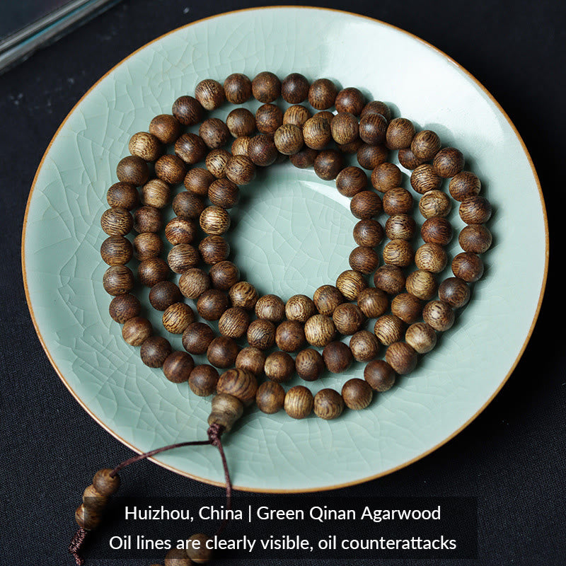 108 Wood Mala Bracelet in Green Qinan Agarwood for Peace & Strength