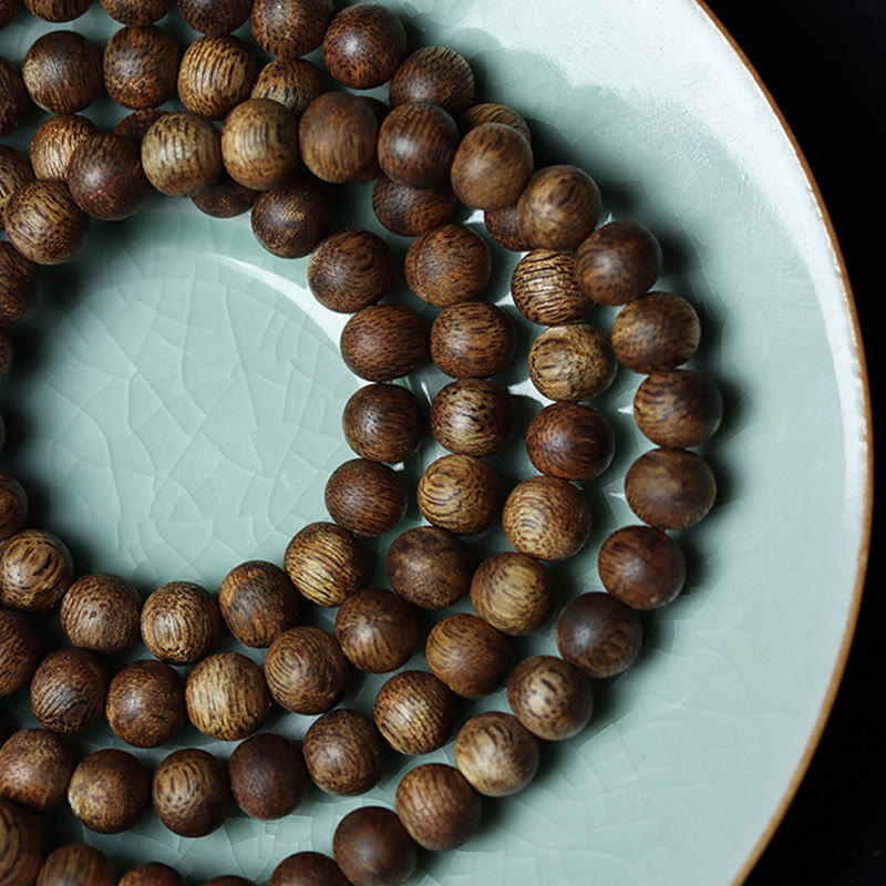 108 Wood Mala Bracelet in Green Qinan Agarwood for Peace & Strength