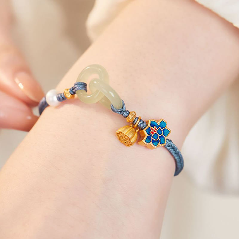 Hetian Jade Fortune Bracelet with Peace Buckle and Braided Rope
