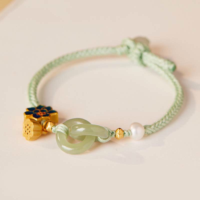 Hetian Jade Fortune Bracelet with Peace Buckle and Braided Rope