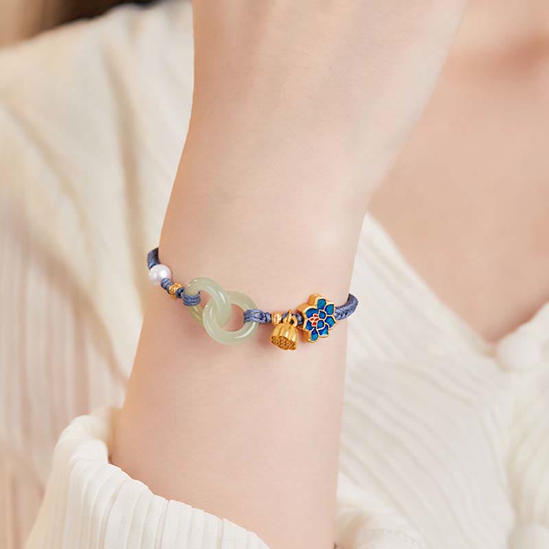 Hetian Jade Fortune Bracelet with Peace Buckle and Braided Rope