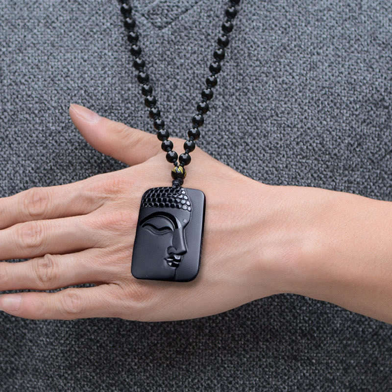 Black Obsidian Buddha Pendant Necklace for Purification & Luck