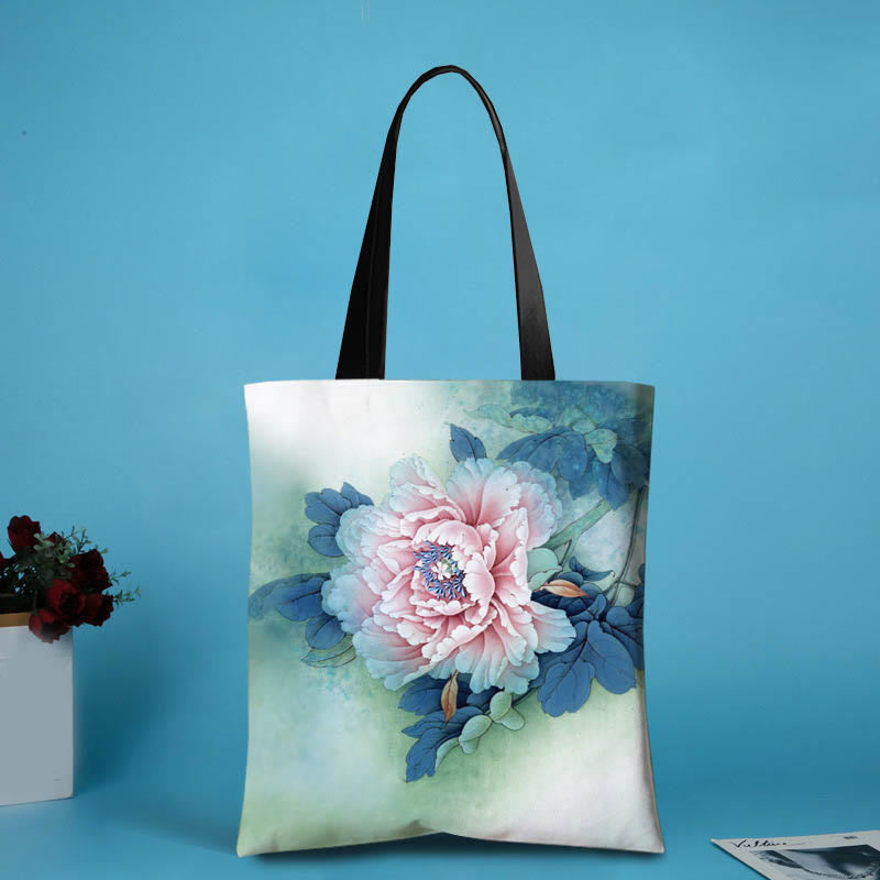 Large Capacity Ink Lotus Dragonfly Canvas Shoulder Bag