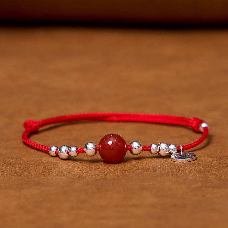 Sterling Silver Fu Character Red Agate Bracelet for Fortune
