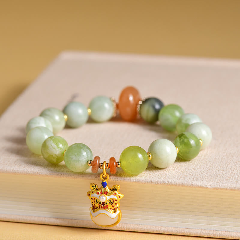 10mm Jade Bracelet with Dancing Lion Charm for Prosperity & Luck