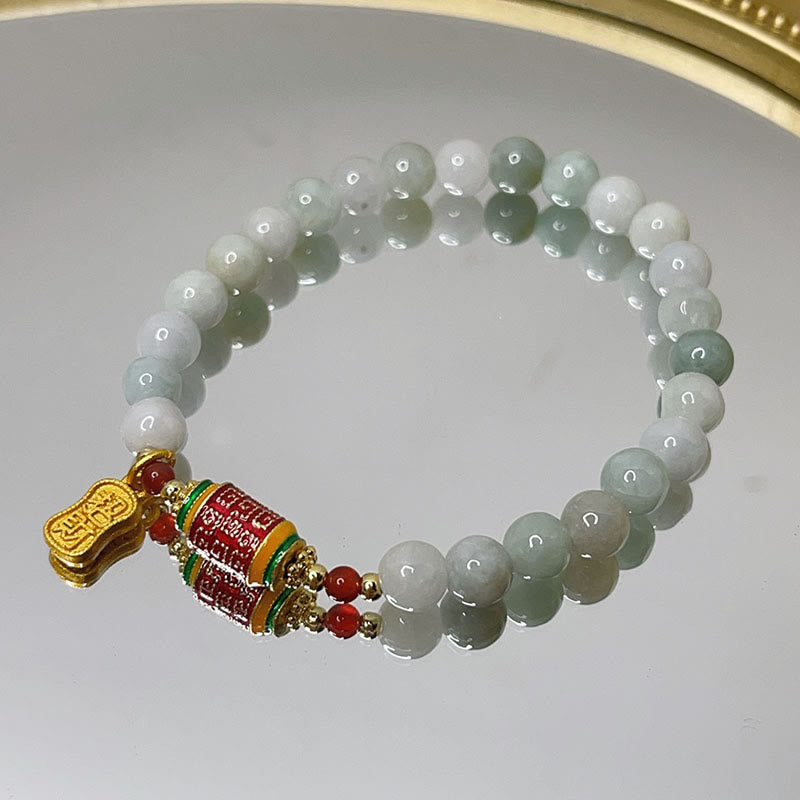Natural Jade Fu Prayer Wheel Bracelet for Prosperity