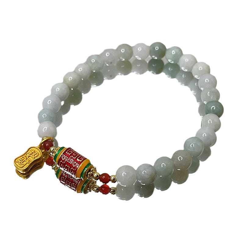 Natural Jade Fu Prayer Wheel Bracelet for Prosperity