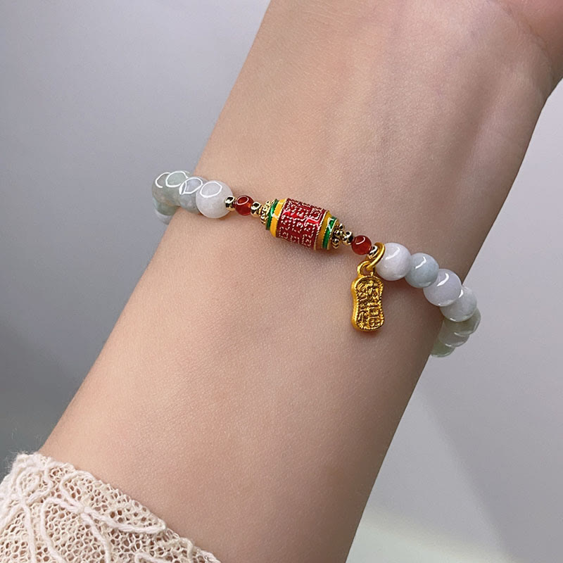 Natural Jade Fu Prayer Wheel Bracelet for Prosperity