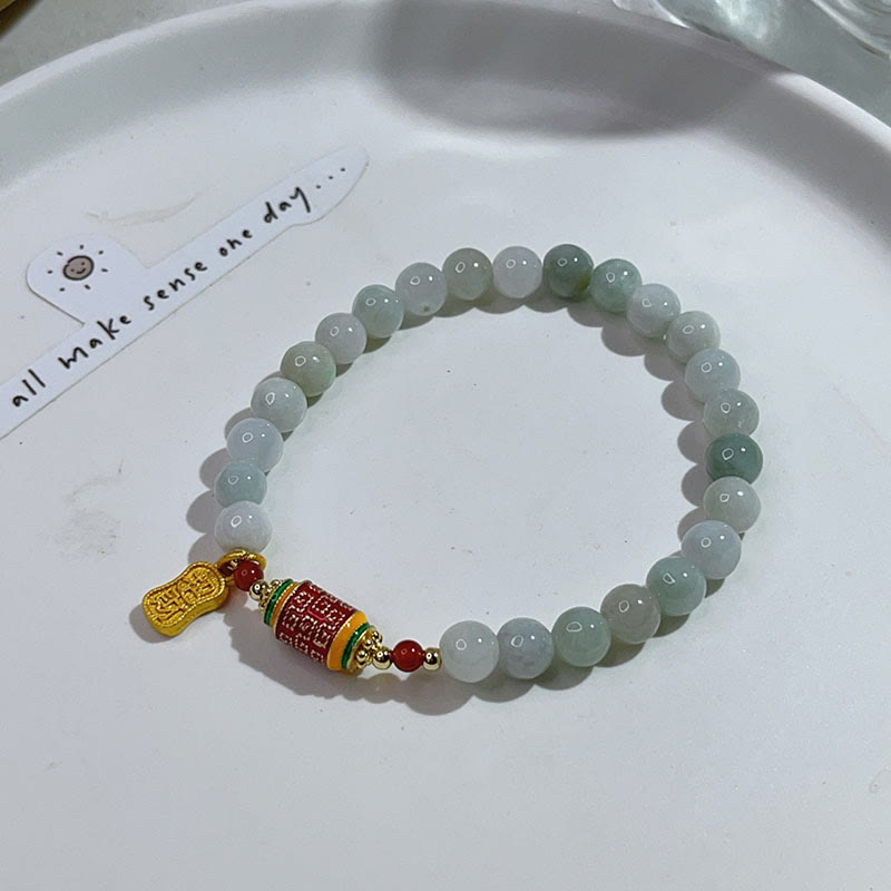 Natural Jade Fu Prayer Wheel Bracelet for Prosperity