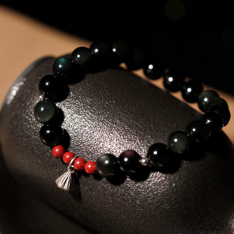 8mm Black Obsidian Lotus Charm Strength Bracelet