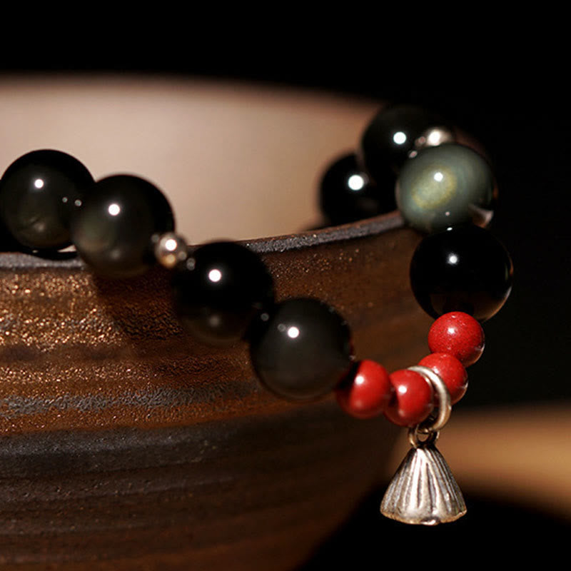 8mm Black Obsidian Lotus Charm Strength Bracelet