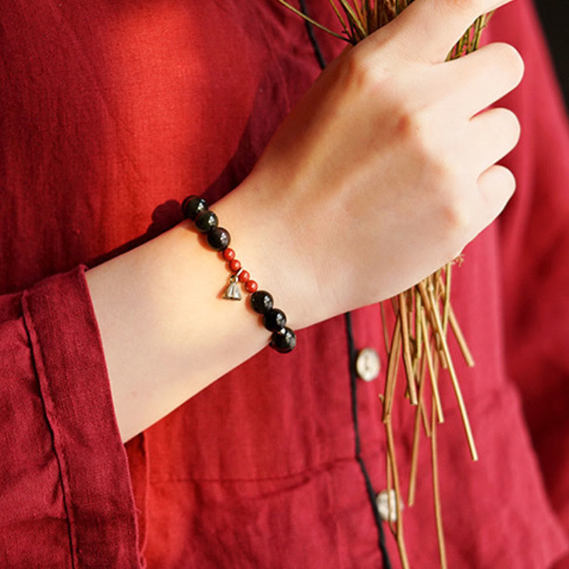 8mm Black Obsidian Lotus Charm Strength Bracelet