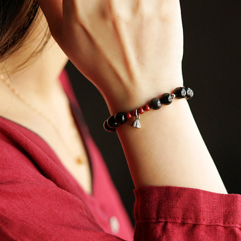 8mm Black Obsidian Lotus Charm Strength Bracelet