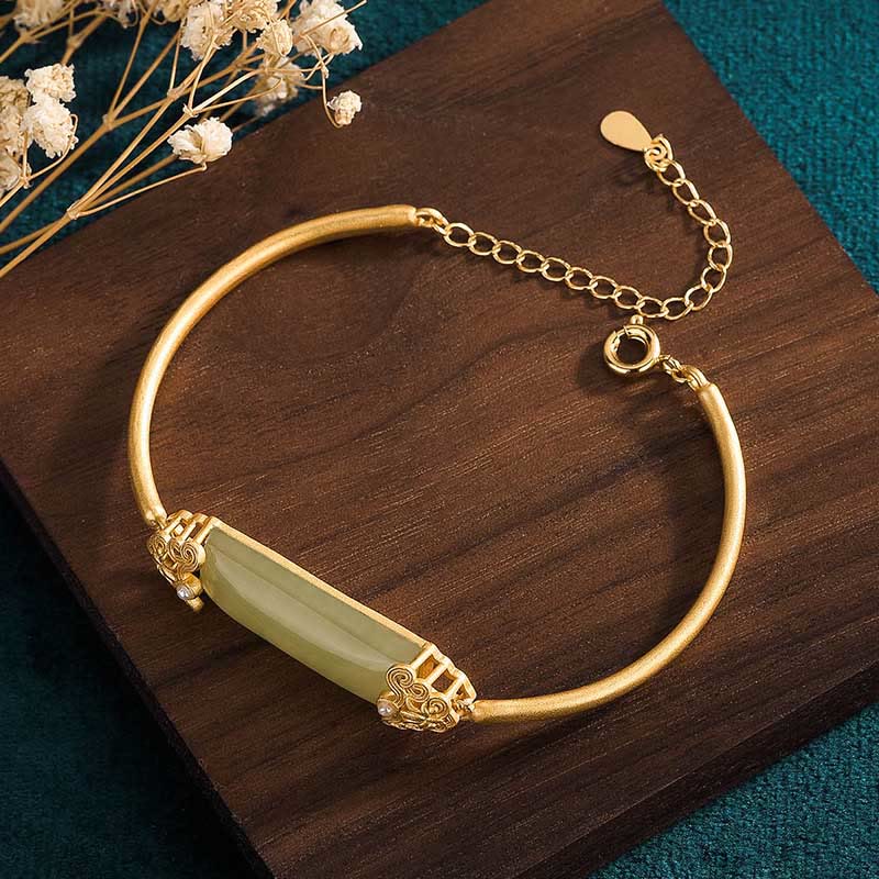 Adjustable Hetian Jade Luck Bracelet | 24K Gold Plated Cuff