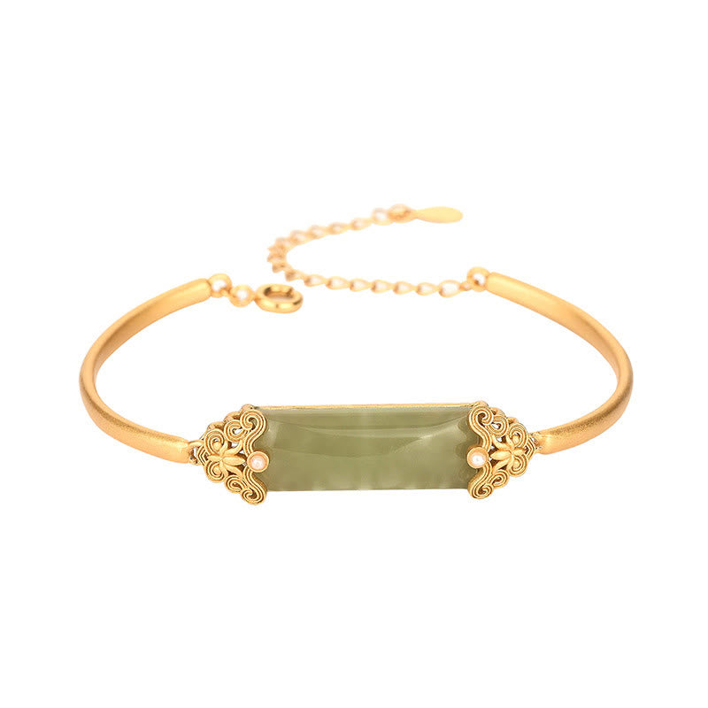 Adjustable Hetian Jade Luck Bracelet | 24K Gold Plated Cuff