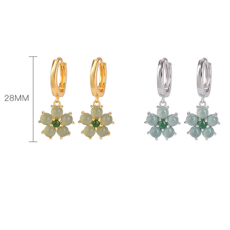 925 Sterling Silver Gold Plated Green Jade Flower Earrings for Prosperity