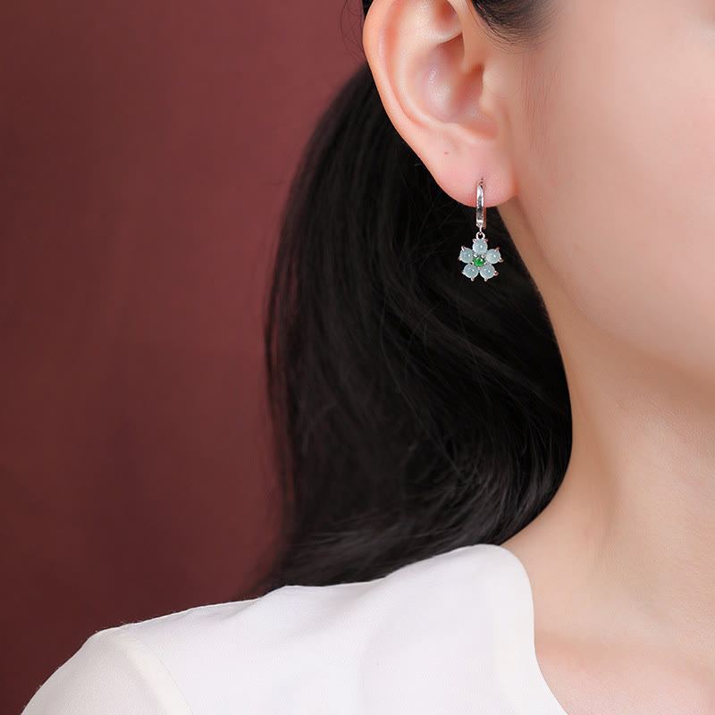 925 Sterling Silver Gold Plated Green Jade Flower Earrings for Prosperity