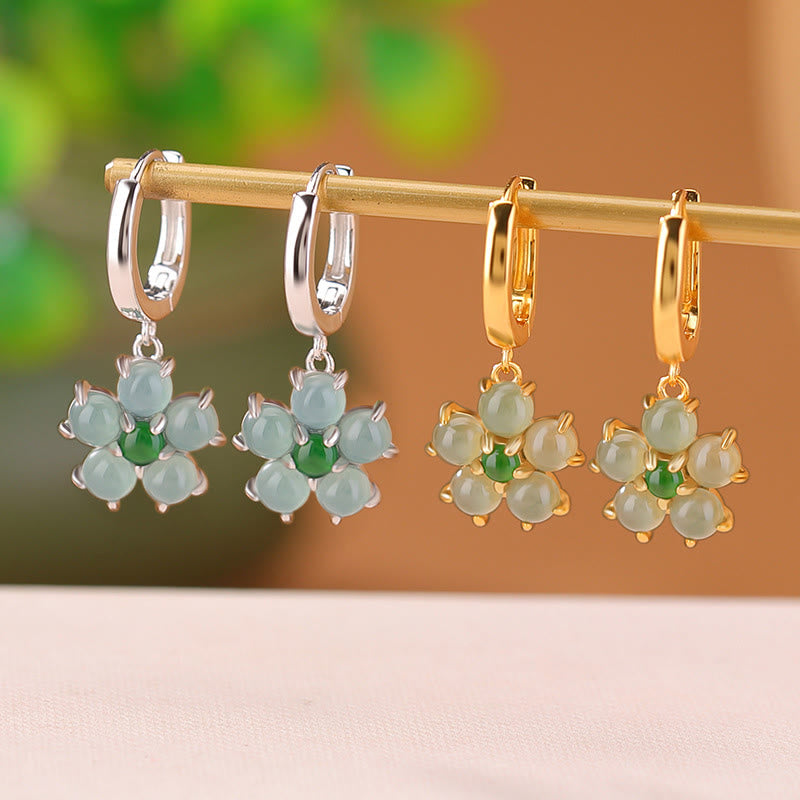 925 Sterling Silver Gold Plated Green Jade Flower Earrings for Prosperity