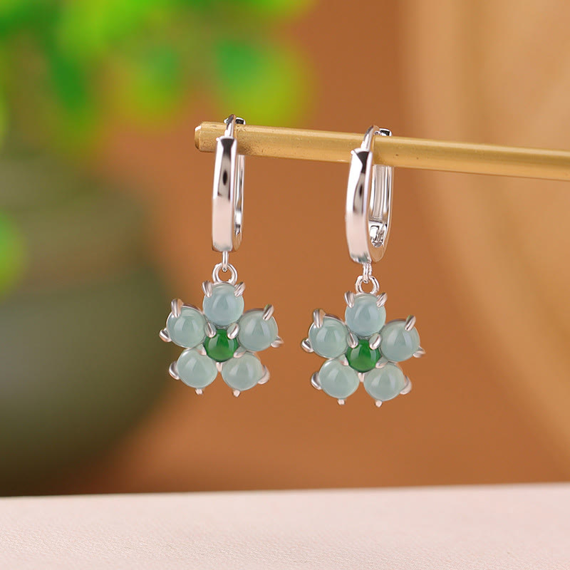 925 Sterling Silver Gold Plated Green Jade Flower Earrings for Prosperity