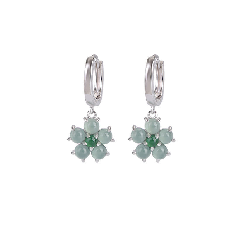 925 Sterling Silver Gold Plated Green Jade Flower Earrings for Prosperity