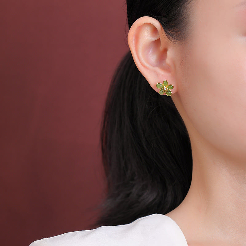 Sterling Silver Hetian Jade Flower Earrings for Abundance & Luck