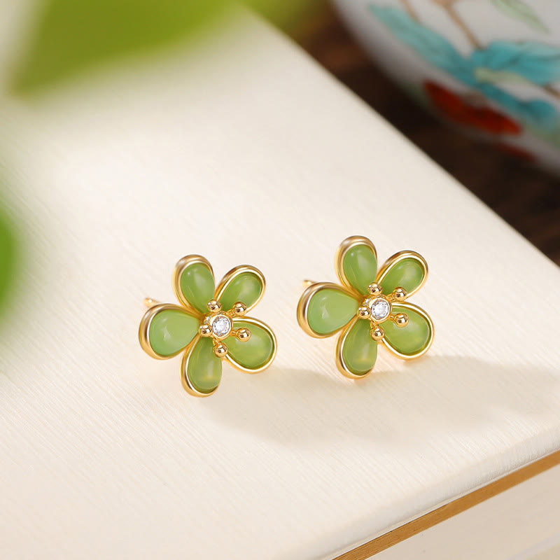 Sterling Silver Hetian Jade Flower Earrings for Abundance & Luck