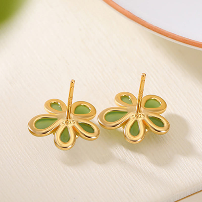 Sterling Silver Hetian Jade Flower Earrings for Abundance & Luck