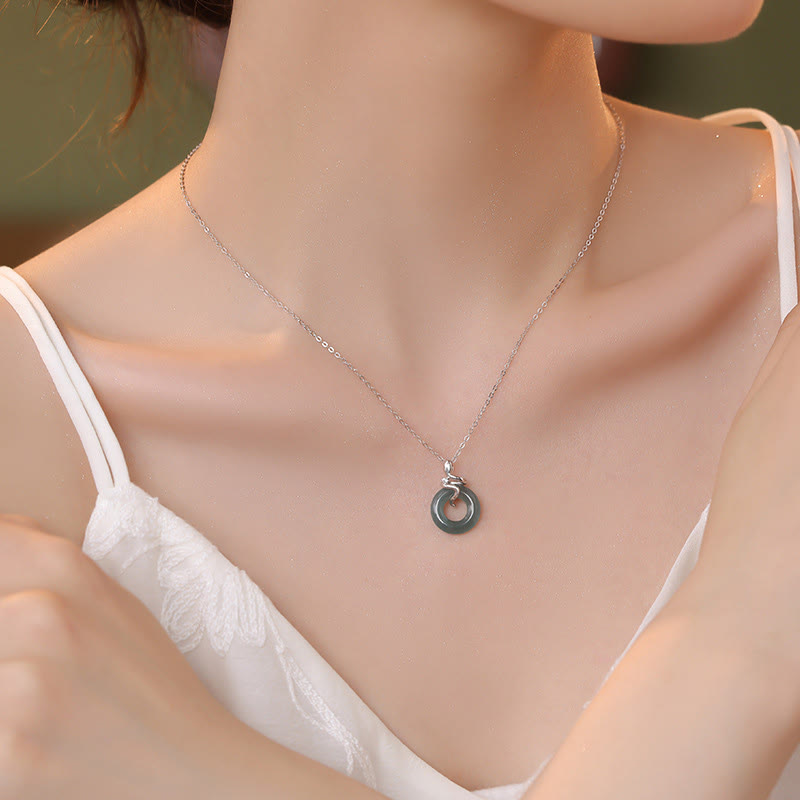 Jade Peace Buckle Necklace with 925 Silver & 18K Gold Spirit Snake