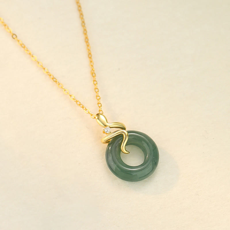 Jade Peace Buckle Necklace with 925 Silver & 18K Gold Spirit Snake