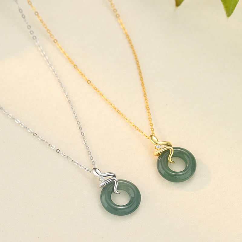 Jade Peace Buckle Necklace with 925 Silver & 18K Gold Spirit Snake