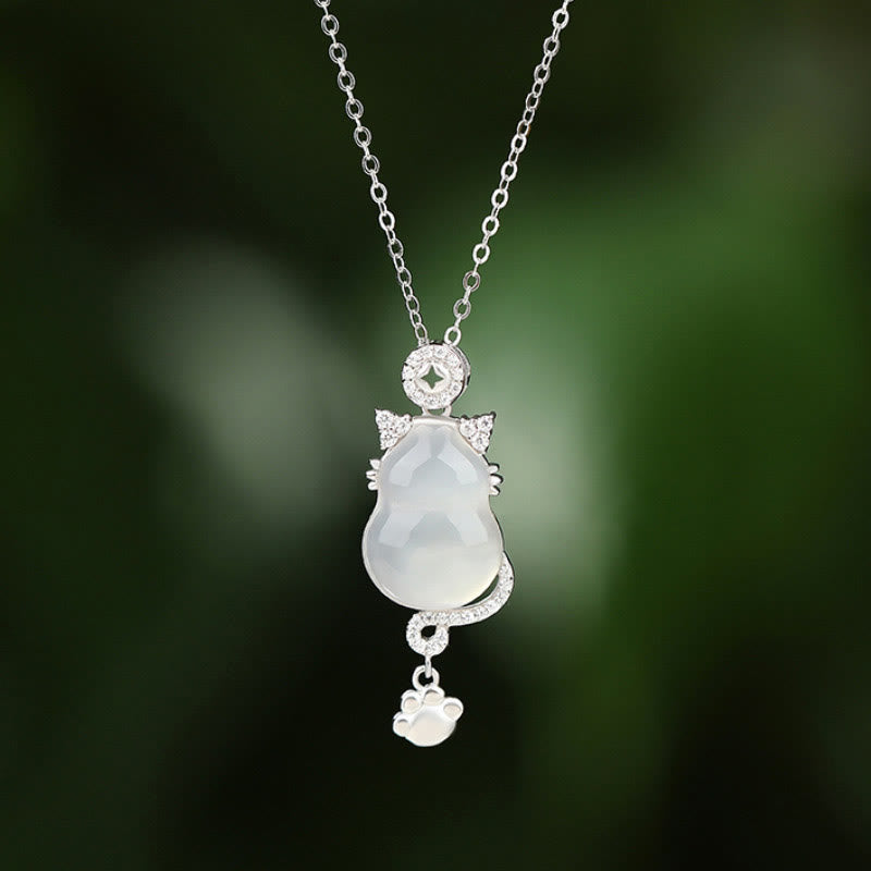 White Jade Gourd Cat Protection Necklace Pendant