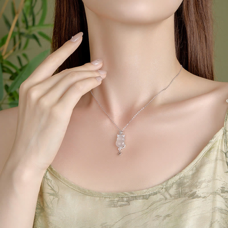 White Jade Gourd Cat Protection Necklace Pendant