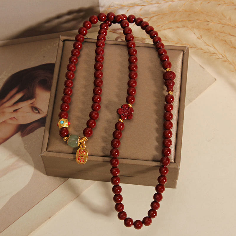 Cinnabar Triple Wrap Blessing Bracelet with Fu Character